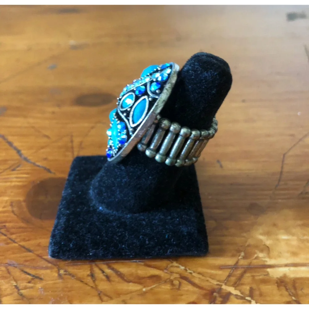 Vintage Boho Oval Statement Ring Turquoise And Blue Rhinestones Stretch Ring